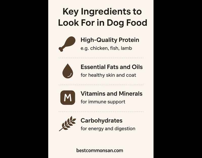 Key Ingredients Every Dog Food Should Have Infographic showing essential nutrients in quality dog food including protein, fats, vitamins, and carbohydrates.