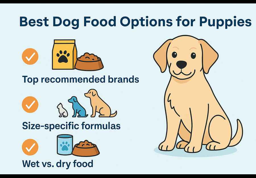 Best Food Choices for Growing Puppies Illustrated Golden Retriever puppy next to top dog food recommendations for puppies