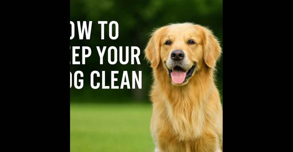 Golden Retriever in park with text overlay “How to Keep Your Dog Clean”
