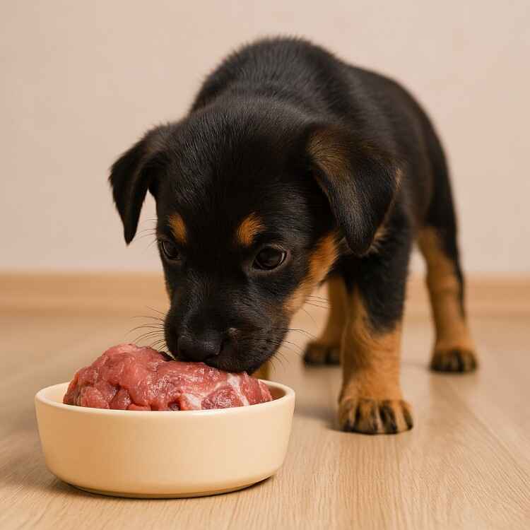 Puppy Enjoying a Raw Food Meal Black and tan puppy eating raw meat from a cream-colored bowl on a wooden floor.
