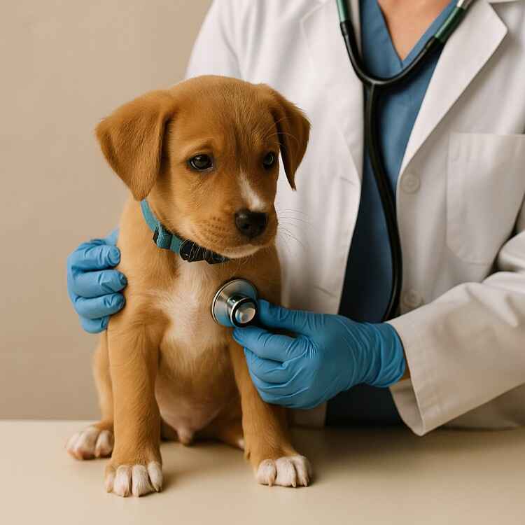 Puppy Health Check with a Vet Veterinarian examining a calm golden-brown puppy with a stethoscope.