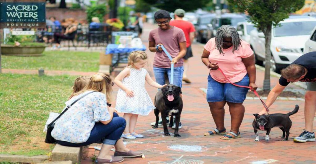A diverse group of people, including adults and children, are gathered on a brick sidewalk with two dogs on leashes. A young girl pats a black dog while a woman holds its leash, and another man holds the leash of a smaller black and tan dog. This scene depicts various aspects of Leash training for dogs in a community setting, with a "Sacred Waters" sign visible in the background.