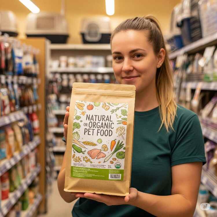 A Healthy Choice for Your Pet A young woman with her hair in a ponytail smiles while holding a brown paper bag of "Natural or Organic Pet Food" in a pet store aisle. The bag's label features illustrations of healthy ingredients like vegetables, meat, and grains.
