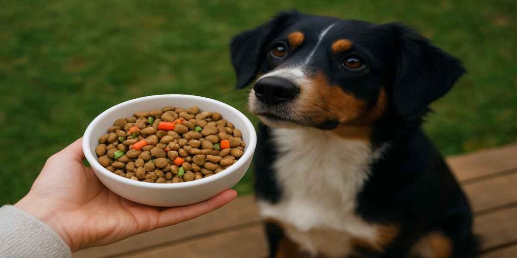 A small dog, with black, brown, and white fur, looks intently at a white bowl filled with Natural or Organic Pet Food, including kibble and small pieces of carrot and peas, being held out by a person's hand.